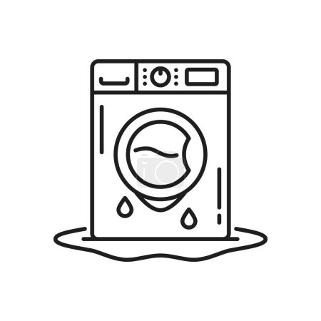 Illustration for Plumbing service icon with broken washing machine and water puddle. Isolated linear monochrome sign conveys quick and efficient solutions for restoring and repair functionality to household appliances - Royalty Free Image