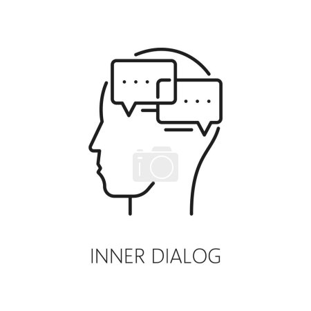 Illustration for Inner dialog. Psychological disorder problem, mental health icon. Human psychology, cognitive disorder or mental health thin line vector pictogram with dialog speak clouds in human head silhouette - Royalty Free Image