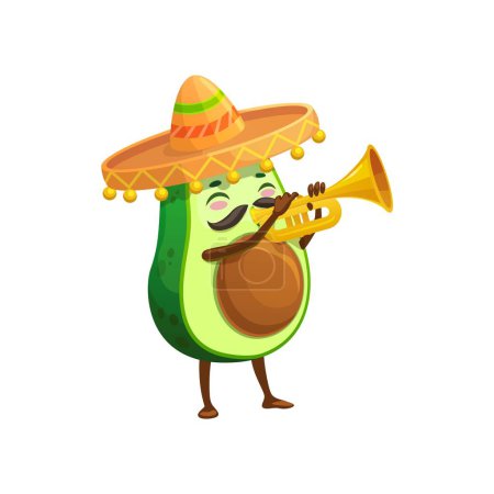 Illustration for Cartoon Mexican cheerful avocado mariachi character with trumpet. Avocado Mexican musician funny vector character. Tropical fruit happy comical personage or funny mascot playing on musical instrument - Royalty Free Image