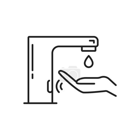 Ilustración de Grifo de cocina y baño automático grifo del sensor icono del contorno. Grifo de agua de cocina, grifo del lavabo del inodoro o mezclador de agua de baño símbolo vectorial. Señal de contorno de válvula de bañera de casa con gota de agua y mano humana - Imagen libre de derechos