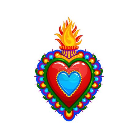 Ilustración de Tatuaje de corazón sagrado mexicano y símbolo de la cultura y la religión mexicana, icono vectorial. Sagrado corazón con llama de fuego ardiente o Corazon Milagro Signo religioso mexicano de Jesús y amor de Dios - Imagen libre de derechos