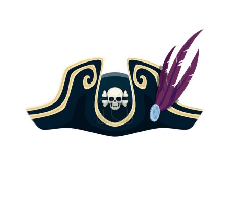 Ilustración de Capitán pirata de dibujos animados tricornio gallo sombrero. Tocado marinero vectorial con plumas púrpuras, alegre cráneo de roger y huesos cruzados. Cascos aislados bucaneros, gorra marinera, parte del traje de piratería de filibustero - Imagen libre de derechos