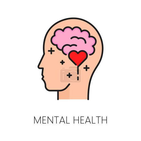 Illustration for Mental health icon, isolated vector human head with brain and heart inside. Thin line sign represents the importance of mind well-being and promoting understanding, support, awareness and acceptance - Royalty Free Image