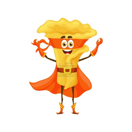 Illustration for Cartoon campanelle italian pasta food superhero character. Isolated vector traditional Italy cuisine noodle defender personage fighting crime with his carb-loaded powers. Vigilante in cape and mask - Royalty Free Image
