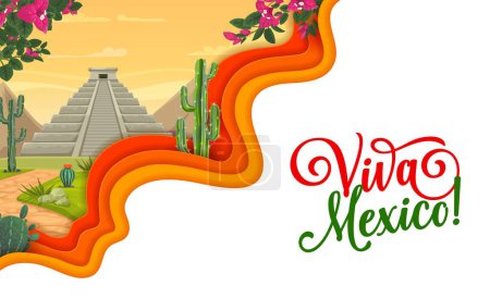 Illustration for Viva Mexico paper cut banner, mexican pyramid landscape cartoon background with cactuses and bougainvillea plants. Vector mexican holidays 3d greeting card for Cinco de Mayo or Independence Day - Royalty Free Image