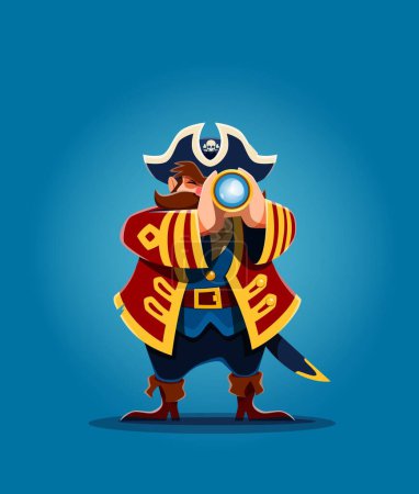 Illustration for Cartoon pirate captain with spyglass, funny corsair sailor character. Vector mustached, fat filibuster in tricorn peers through a brass spyglass, searching horizon for buried treasures and adventure - Royalty Free Image