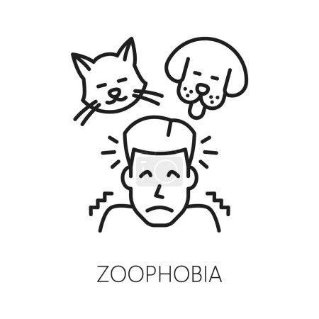 Illustration for Human zoophobia phobia icon, mental health. Fear of animals, mental disorder line vector symbol. People psychology problem outline pictogram or sign with man scared of cat and dog pets - Royalty Free Image