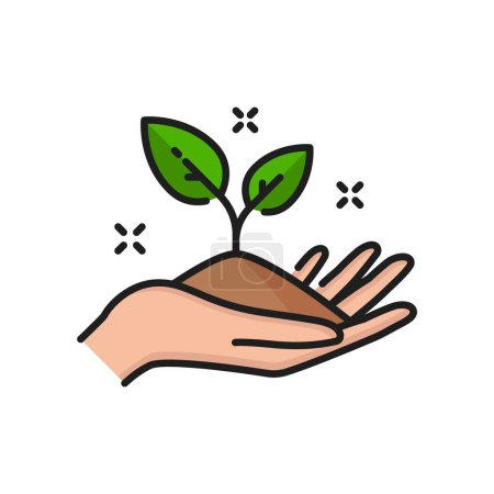 Illustration for Plant growing line icon, sprout in soil in hand with green leaves, vector linear symbol. Agriculture, horticulture agronomy linear icon of tree or plant sprig growth for garden farming pictogram - Royalty Free Image