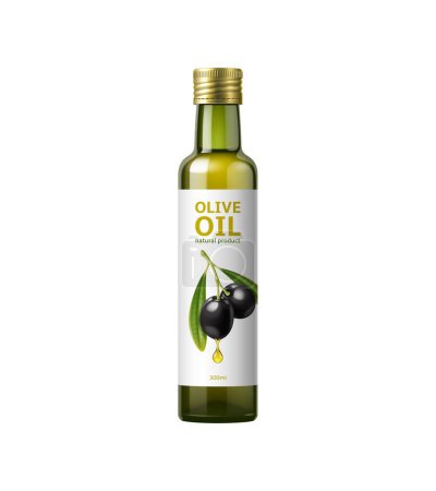Ilustración de Botella realista de aceite de oliva, maqueta del paquete de aceite de oliva virgen extra, vector aislado. Frasco de vidrio de aceite de oliva con aceitunas negras y goteo para productos orgánicos naturales paquete con etiqueta - Imagen libre de derechos