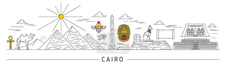Téléchargez les illustrations : La silhouette égyptienne, le Caire et d'autres sites touristiques égyptiens. Skyline vectorielle, pyramides de lignes minces dans le paysage désertique africain. Aperçu Monument au sphinx, rouleau de papyrus, chat noir pharaon, cheville et chameau - en licence libre de droit