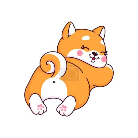 Ilustración de Dibujos animados kawaii Shiba Inu perro y personaje de cachorro, linda mascota. Kawaii animal bebé mascota, adorable personaje Shiba Inu o lindo cachorro personaje vectorial aislado. Cómico pequeño perro japonés juguetona mascota - Imagen libre de derechos