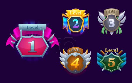 Illustration for Game level badges, cartoon vector reward icons featuring wooden or metal winged shields, and glowing numbers one, two, three, four and five. Isolated level prize buttons, winner award trophy set - Royalty Free Image