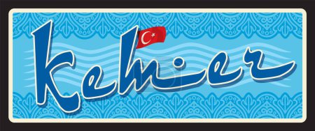 Téléchargez les illustrations : Autocollant et plaque de voyage de la ville turque Kemer, étiquette de bagage vectorielle. Plaque d'étain de la ville de Turquie, étiquette de bagages et plaque de voyage avec emblème de la région turque et point de repère touristique - en licence libre de droit