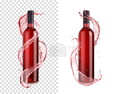 Ilustración de Botella con salpicadura de vino tinto y remolino. Matraz de vidrio elegante realista vectorial 3D aislado con un flujo de líquido giratorio, capturando el movimiento dinámico del vino, evocando una sensación de indulgencia - Imagen libre de derechos