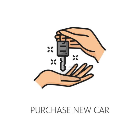 Illustration for New car dealership, auto dealer company outline icon. Vehicle buy dealer, auto distributor or automobile official center thin line vector symbol. Car salon outline pictogram or sign with keys in hands - Royalty Free Image
