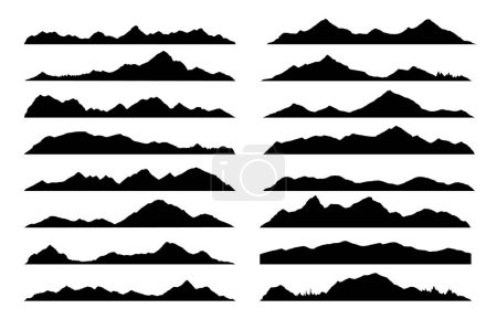 Illustration for Mountain, hill and rock black silhouettes, vector rocky valley landscape shapes. Mount peak or canyon range and alpine valley hills silhouette icons for hiking, camping or climbing sport and travel - Royalty Free Image
