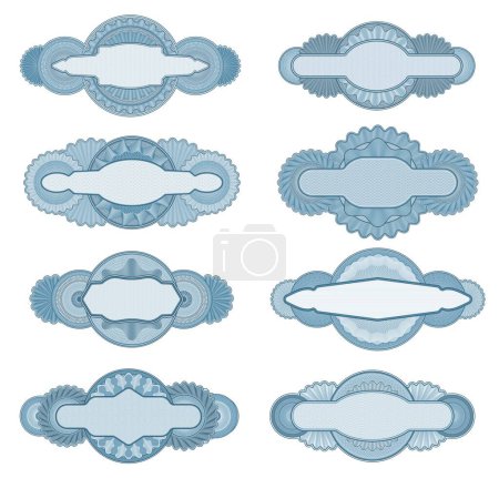 Illustration for Guilloche pattern rosettes, watermark frame border lines or seals. Vector elements of voucher, certificate, money banknotes, diploma or passport with intricate guilloche ornament, document decoration - Royalty Free Image