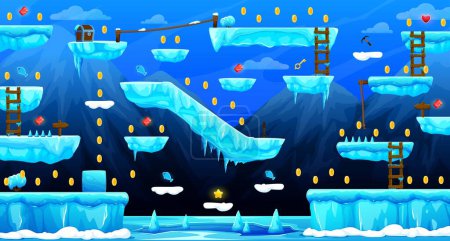 Illustration for Arcade iced world game level map interface with key and golden coins, vector ice platforms and stairs. Kids cartoon arcade game of frozen world with gold bonuses, heart rewards on ice block platforms - Royalty Free Image