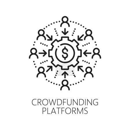 Illustration for Crowdfunding fintech, investment and web payment technology outline icon. Online commerce and finance, crowdfunding investment thin line vector icon with cogwheel, people crowd and dollar sign - Royalty Free Image