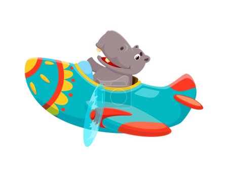 Illustration for Baby animal character on plane. Cartoon animal hippo kid airplane pilot. Isolated vector Adorable Hippopotamus gleefully driving tiny biplane, its tiny paws firmly on the controls, ready for adventure - Royalty Free Image