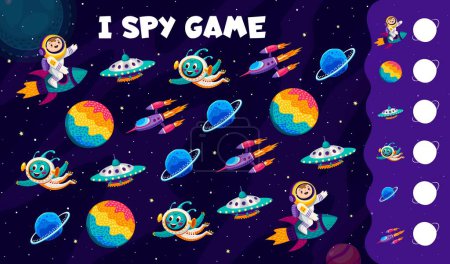 Illustration for I spy game. Cartoon UFO and alien, astronaut, rocket and planets at galaxy space landscape vector quiz puzzle worksheet. Find and count planets, spaceships, spaceman and martian characters kids game - Royalty Free Image