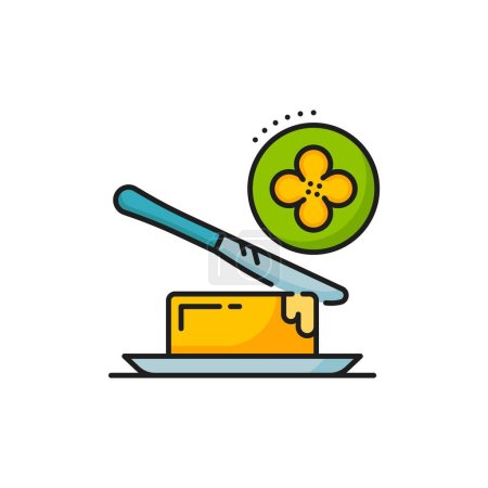 Illustration for Rapeseed, canola butter icon, features a knife cutting golden, creamy block, resembling traditional butter but made from canola oil, representing a healthier and plant-based alternative - Royalty Free Image