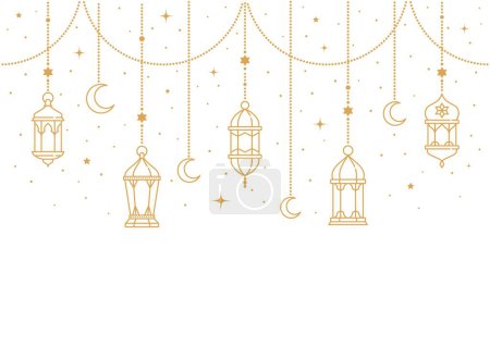 Ilustración de Ramadán Kareem y Eid Mubarak linternas árabes o lámparas para vacaciones musulmanas, fondo vectorial. Ramadán Kareem y Eid Mubarak tarjeta de felicitación para las vacaciones del Islam con estrellas de oro, luna creciente en la linterna - Imagen libre de derechos