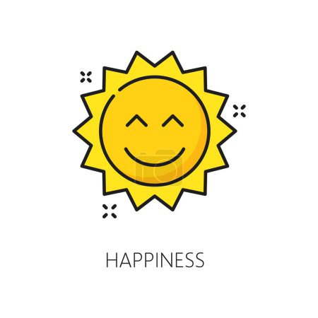Ilustración de Felicidad, icono de la salud mental simbolizado por un sol radiante. Signo lineal vectorial de linda sonriente solar, que representa positividad y bienestar, ya que ilumina nuestro mundo interior con calidez y alegría - Imagen libre de derechos