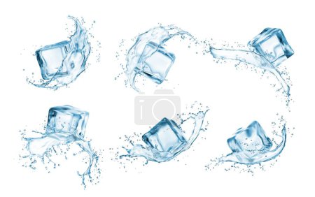 Illustration for Water wave splashes with ice cubes. Isolated realistic 3d vector crystal blocks, transparent pieces on white background. Drink with clean, square lumps, frozen water, alcohol or cocktail set - Royalty Free Image