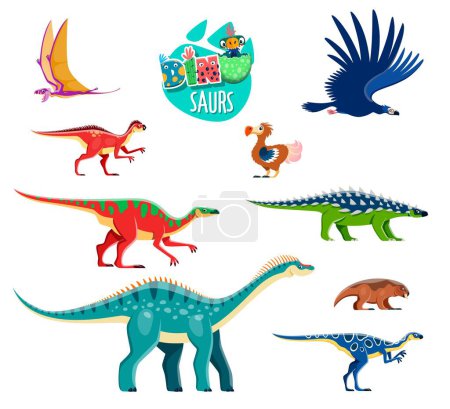 Ilustración de Divertidos personajes de dinosaurios de dibujos animados. Era jurásica animal, paleontología o personaje vectorial de reptiles prehistóricos. Dimorphodon, Argentavis, Dodo y Saichania, Anatotitan, Gipsilofodon dinosaurio extinto - Imagen libre de derechos