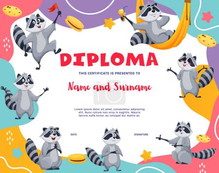 Illustration for Kids diploma. Cartoon funny raccoon characters vector background frame of preschool certificate or kindergarten diploma. Cute racoon animals with cookies and cocktails, appreciation gift template - Royalty Free Image