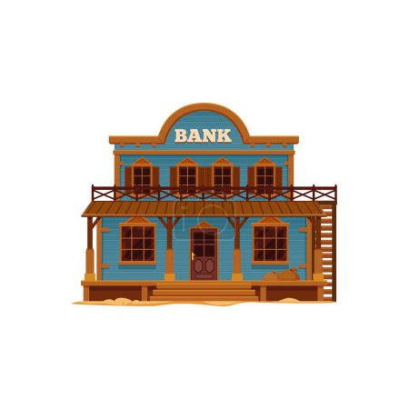 Illustration for Western Wild West town cartoon building of bank. Vector country street scene of old american town with two storey wood house. Wild West bank office building with money bags, wooden porch and columns - Royalty Free Image