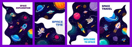 Ilustración de Carteles espaciales con una nave espacial de dibujos animados y una nave estelar, astronautas de niños y OVNI alienígenas, fondo vectorial. Planetas de galaxias y estrellas, niño astronauta en nave espacial cohete con cometas y asteroides en cielo estrellado - Imagen libre de derechos