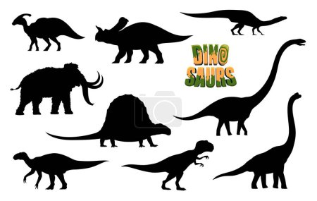 Illustration for Cartoon dinosaurs, ancient animals characters silhouettes. Tarbosaurus, Brachiosaurus, Iguanodon reptiles, mammoth, Parasaurolophus, Plateosaurus prehistoric animals vector personages silhouettes - Royalty Free Image