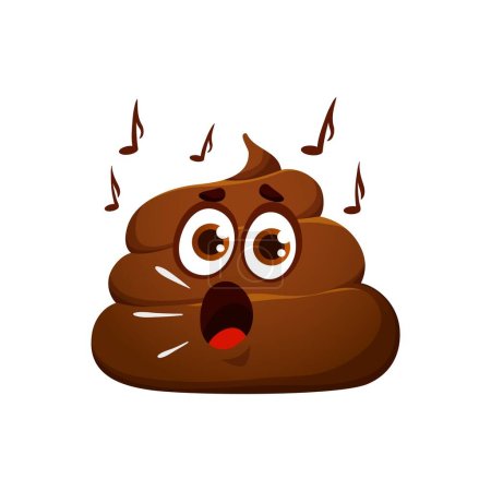 Téléchargez les illustrations : Cartoon poop emoji, funny poo excrement character, happy toilet shit emoticon. Isolated vector joyous feces personage takes center stage, belting out hilarious tune with musical notes floating around - en licence libre de droit