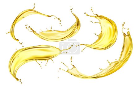 Illustration for Yellow beer, oil or juice splashes. Realistic liquid beverage swirl, transparent wave or drink flow with gold drops. Vector 3d cooking oil, fuel or engine lubricant spills, golden droplets and bubbles - Royalty Free Image