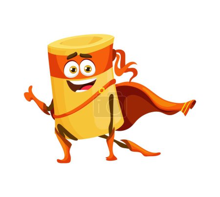 Téléchargez les illustrations : Cartoon paccheri italien pâtes alimentaires personnage de super-héros. Un défenseur de nouilles vecteur isolé porte une cape et un masque orange pour combattre le crime et rendre justice à la table du dîner. - en licence libre de droit