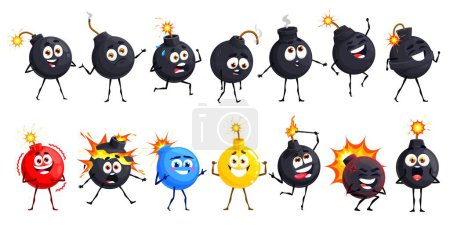 Illustration for Cartoon bomb characters and wick fuse, explosive weapon personages with burst, vector icons. Bombs with face smile, cute funny explosion boom emoticons and emoji happy or scared with burning wick fuse - Royalty Free Image