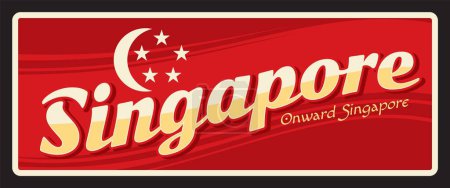 Illustration for Singapore city state, Republik Singapura. Vector travel plate or sticker, vintage tin sign, retro vacation postcard or journey signboard, luggage tag. Souvenir card with flag and slogan - Royalty Free Image