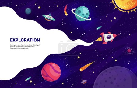 Illustration for Cartoon space rocket with chemtrail in starry galaxy for planets exploration, vector background. Space mission cartoon banner with spaceship flying in galaxy space to planets, alien UFO and stars - Royalty Free Image