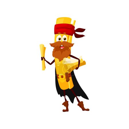 Ilustración de Dibujos animados divertido Casarecce italiano pirata pasta y personaje de corsario. Personaje aislado de filibustero de fideos con bigotes girados, sombrero de bandana y pergaminos, o mapas - Imagen libre de derechos