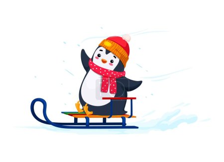 Illustration for Cartoon cute funny penguin character joyfully rides a sled. Isolated vector adorable baby bird personage wear hat and scarf spreading smiles and laughter with its playful antics on a snowy adventure - Royalty Free Image