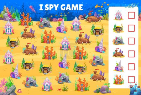Illustration for I spy game, underwater cartoon sea bottom and house buildings, vector puzzle quiz for kids. Worksheet game to find the same picture of undersea homes in seashell, coral and sunken boat in ocean - Royalty Free Image