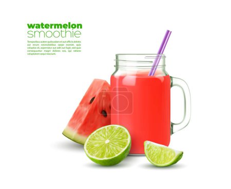 Illustration for Watermelon and lime smoothie or juice. Summer refreshing beverage, fruit juice cool drink or beach bar cocktail realistic vector banner with watermelon piece, lime lemon slice and glass mug, straw - Royalty Free Image