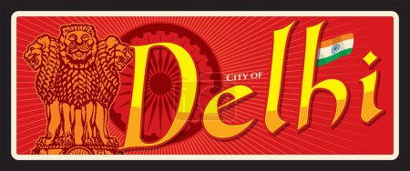 Téléchargez les illustrations : Delhi plaque de voyage indienne, autocollant de l'Inde. Affiche vintage Inde ville. Bannière vectorielle de destination de voyage asiatique, panneau ou plaque d'étain rétro de vacances indiennes. Territoire de la capitale nationale NCT de Delhi - en licence libre de droit