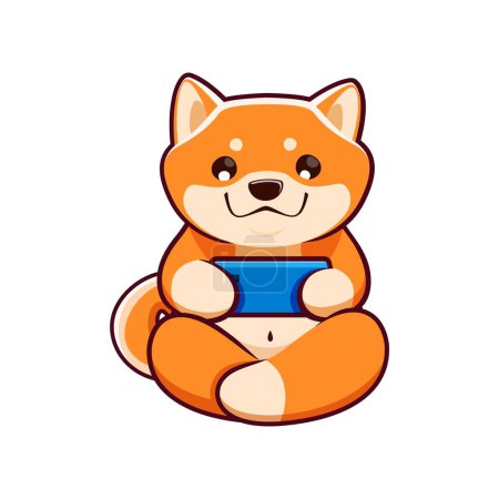 Illustration for Cartoon kawaii cute pet shiba inu dog and puppy character plays smartphone game. Isolated vector tech-savvy japanese pup tapping screen with paws with excitement, engrossed into the interactive fun - Royalty Free Image