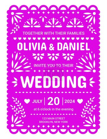 Illustration for Wedding invitation in mexican paper cut papel picado flag style with vector floral ornaments of flowers, leaves and hearts. Wedding and marriage anniversary party invite banner with ethnic pattern - Royalty Free Image