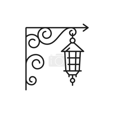 Illustration for Vintage street lamp or candle chandelier light line icon, vector interior or outdoor illumination. Retro forged ornate hanging lamp with grate sconce for home interior or antique electric illumination - Royalty Free Image