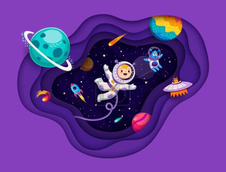 Illustration for Space paper cut banner with kid astronaut, alien and UFO in starry galaxy. Vector funny spacemen characters with cartoon space planets, rocket, comets and stars in 3d papercut frame with wavy layers - Royalty Free Image