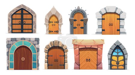 Illustration for Cartoon medieval castle gates, wooden doors, arch entrance. Vector exterior portals with stone doorways. Wooden fairytale arched entries. Palace architecture elements with forgery and ring knobs set - Royalty Free Image